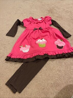Rare Editions Pink and Brown Cupcake Dress with Polka Dot Leggings